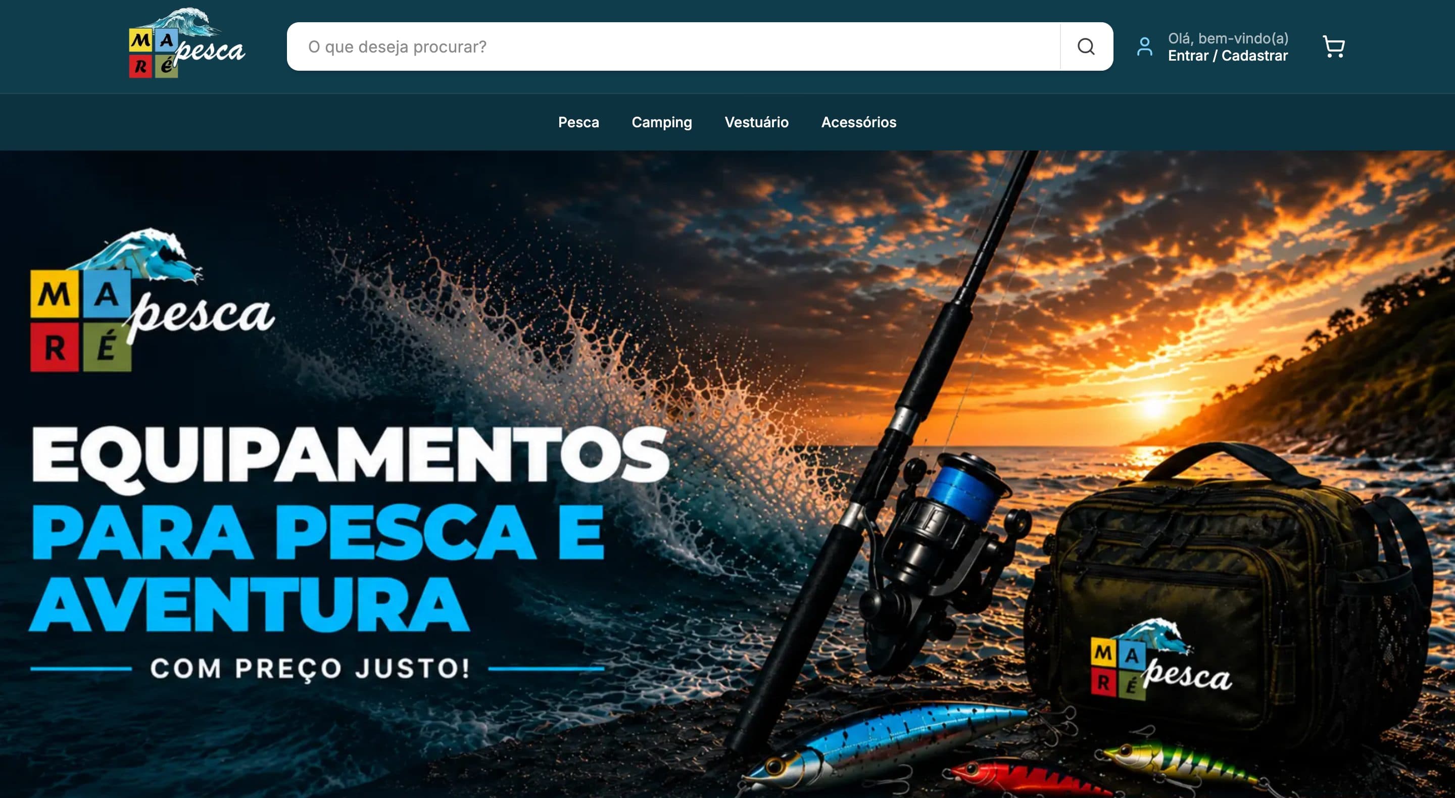 Maré Pesca home page with the banner “Equipamentos para pesca e aventura com preço justo”