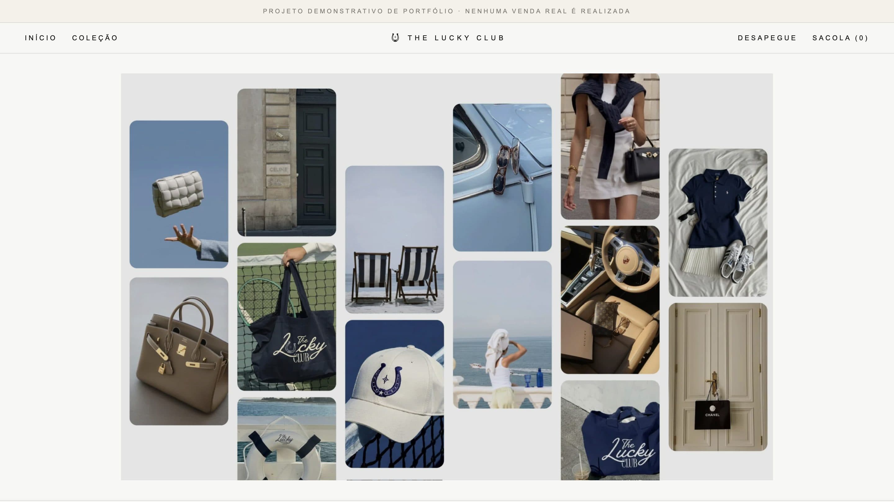 The Lucky Club home page with a collage of bags, clothes and summer photos